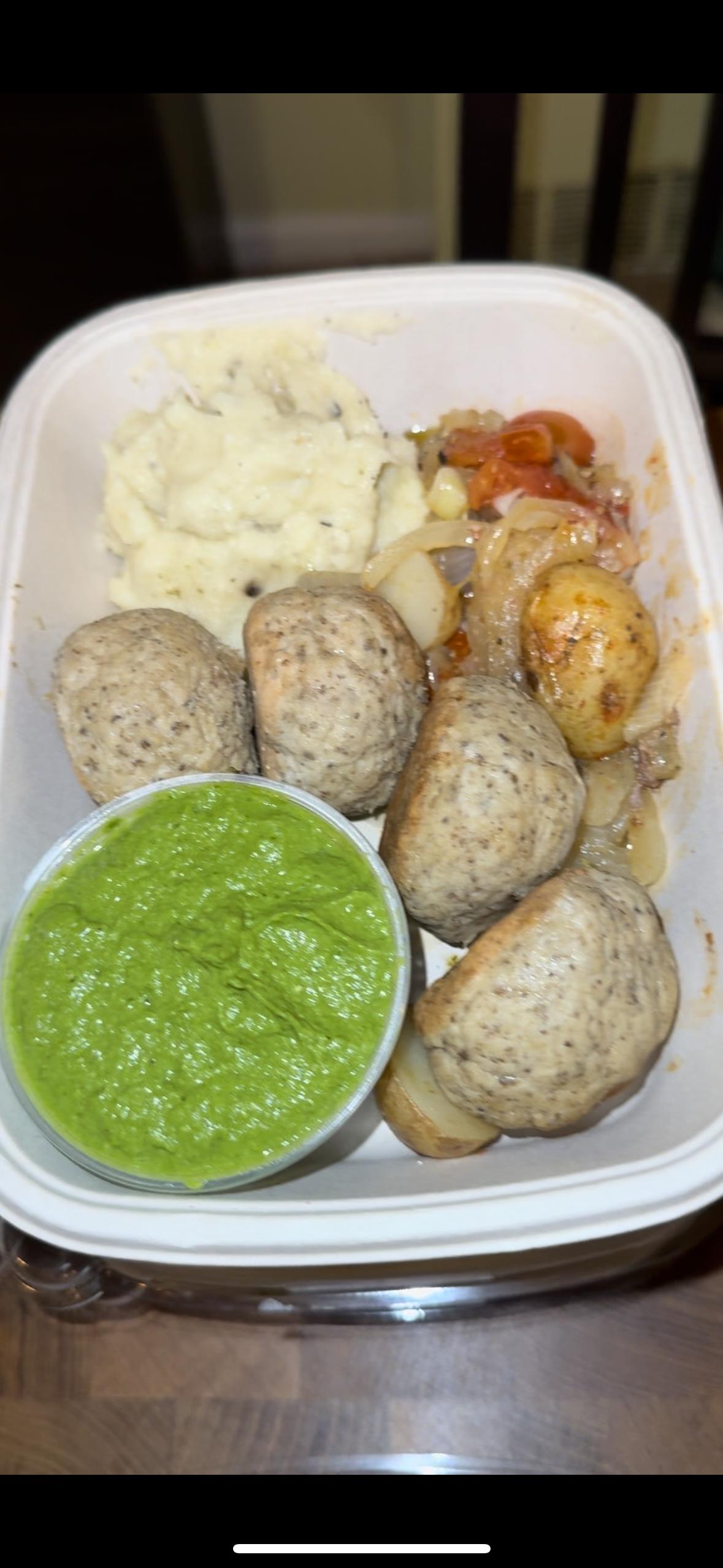 Pasture Raised Chicken Meatballs with Arugula Pesto and Parsnip Puree